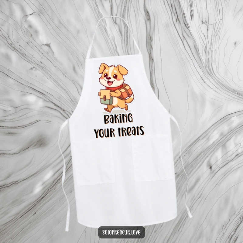 Funny dog apron featuring a busy character in a messenger bag, happily delivering a package, perfect for kitchen fun.