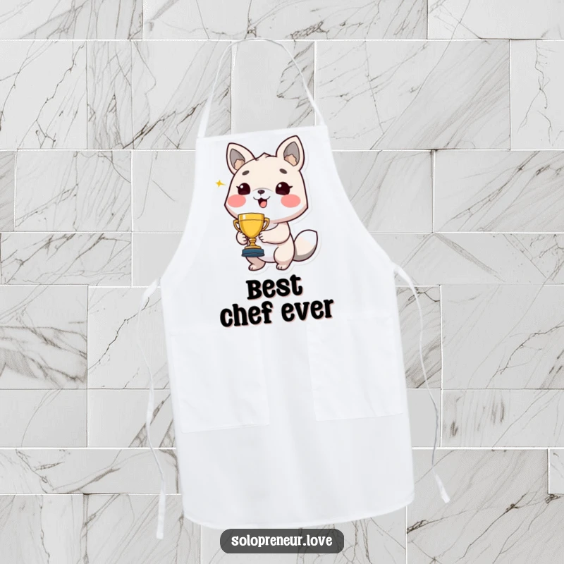 Funny apron adorned with a proud animal character holding a small trophy, smiling widely, a hilarious kitchen accessory.