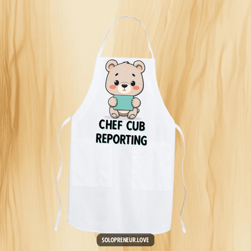 Funny apron showing a proud bear cub presenting a finished project, perfect for celebrating culinary achievements.