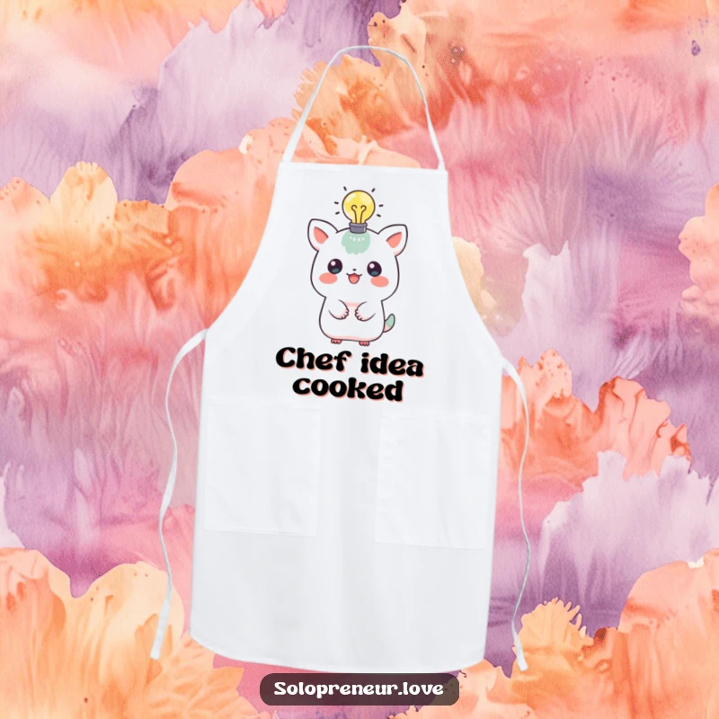 Funny apron showcasing a playful creature with a lit lightbulb above its head, ready to protect while inspiring great culinary ideas.