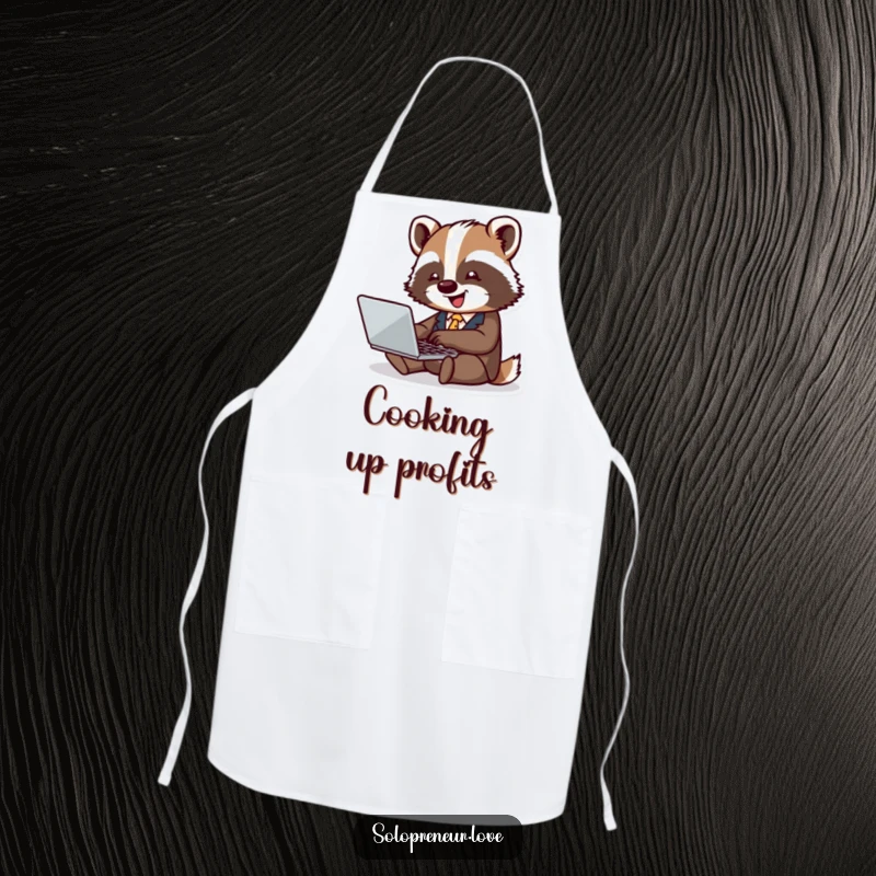 Funny badger business apron showing a tiny badger in a suit typing joyfully on a laptop, perfect for culinary endeavors.