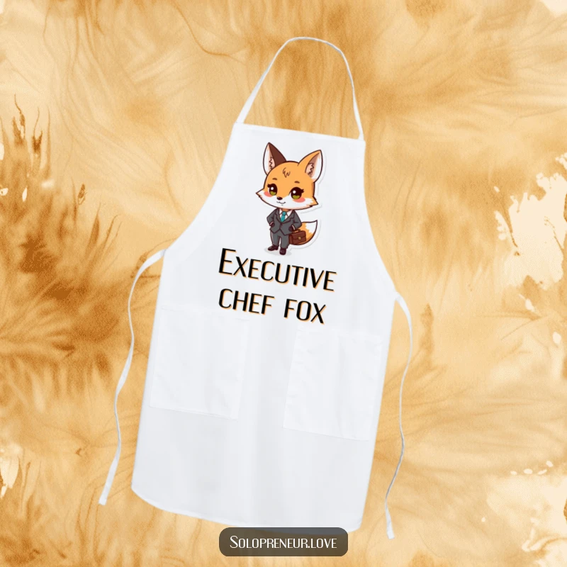 Funny apron showing a small fox character in a tiny suit, holding a briefcase, perfect for a stylish cook.