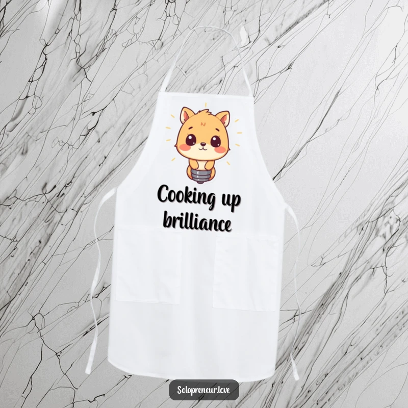 Funny apron with a curious animal investigating a glowing lightbulb, perfect for kitchen creativity and humorous cooking.