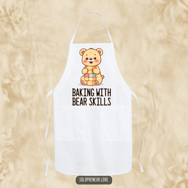 Funny apron showcasing a happy bear cub building a small tower of blocks, ideal for cooks who enjoy playful and cute kitchen accessories.