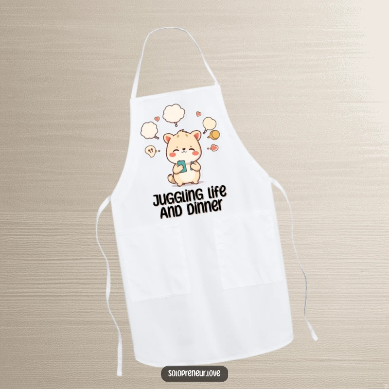 Funny apron featuring a busy animal character handling kitchen tasks with many thought bubbles, ideal for cooks.