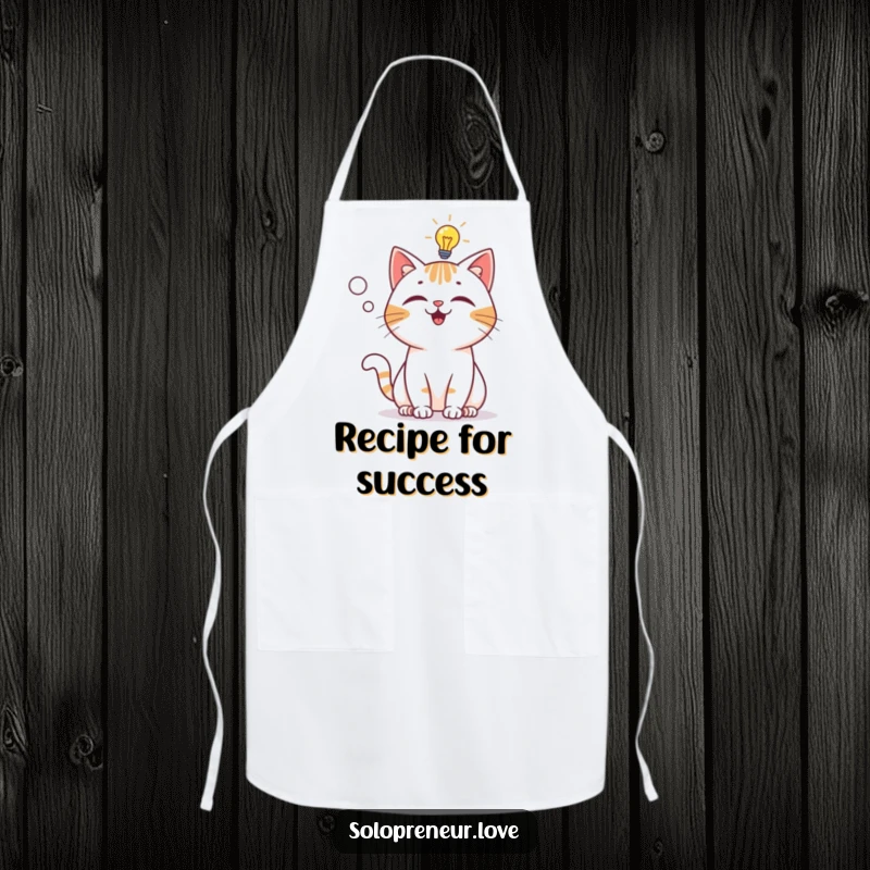 Funny Apron: A playful cat character with a lightbulb signifying a brilliant cooking idea, perfect for chefs.