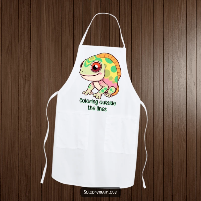 Funny chameleon apron showcasing a smiling character that changes colors rapidly, perfect for adding humor to kitchen activities.