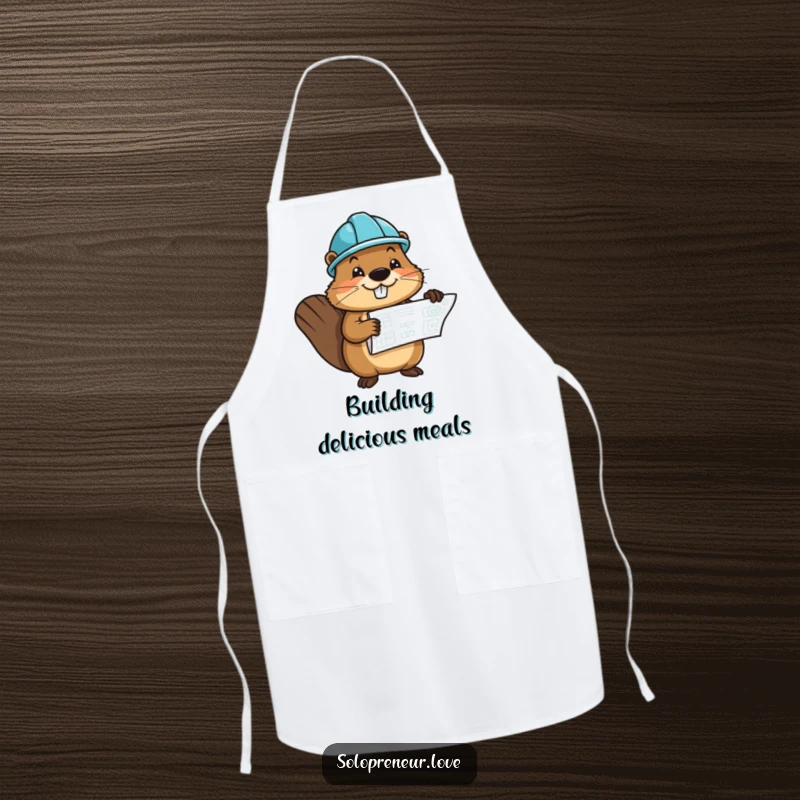 Funny apron showing a cheerful beaver character wearing a hard hat and holding a blueprint, perfect for a handy cook.