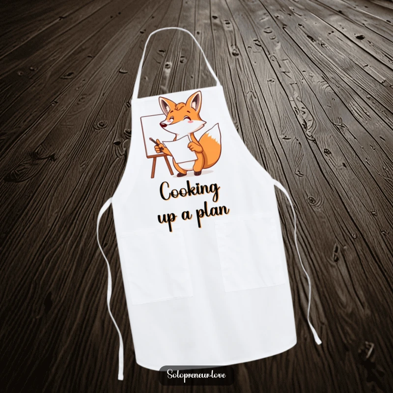Funny fox apron showing a focused character pointing at a whiteboard with a plan, a humorous and practical kitchen accessory.