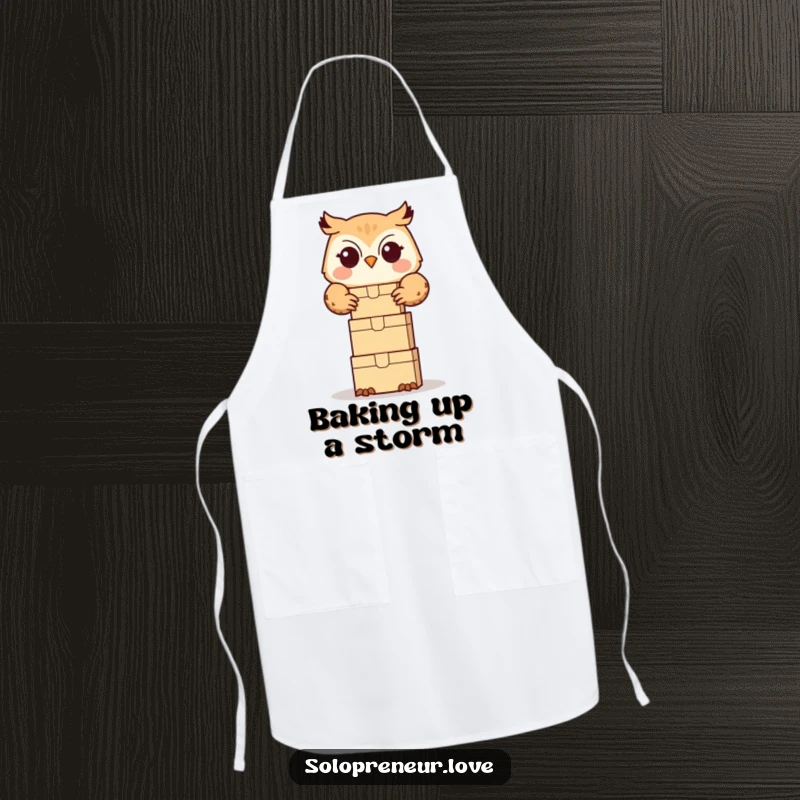 Funny owl organizer apron showing a cute owl happily stacking small boxes, perfect for keeping tidy during kitchen tasks.