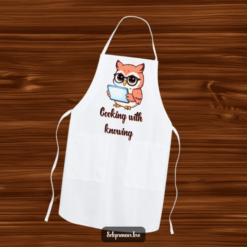 Funny owl character wearing glasses reads a tablet on a kitchen apron, ideal for cooking and reading.