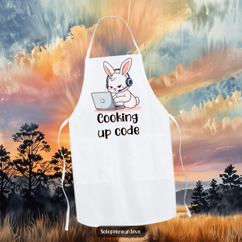 Funny determined rabbit character with a headset, typing furiously on a laptop, featured on a practical and humorous apron.