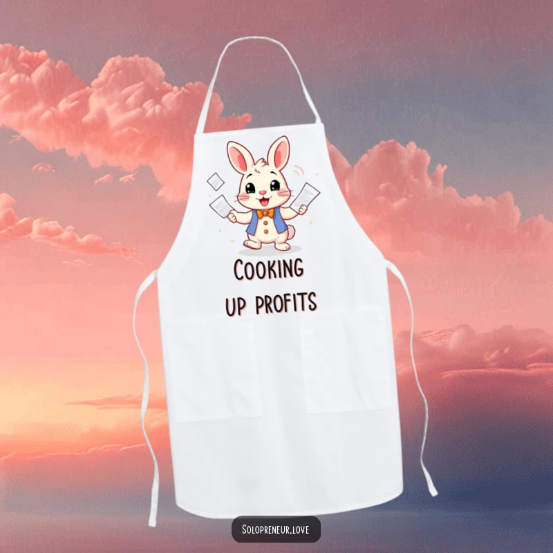 Funny Apron featuring a cheerful rabbit character juggling business invoices, making kitchen tasks more entertaining and humorous.
