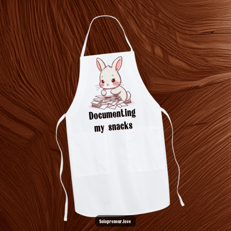 Funny apron showcasing a determined rabbit organizing papers, perfect for chefs who appreciate a humorous and relatable kitchen accessory.