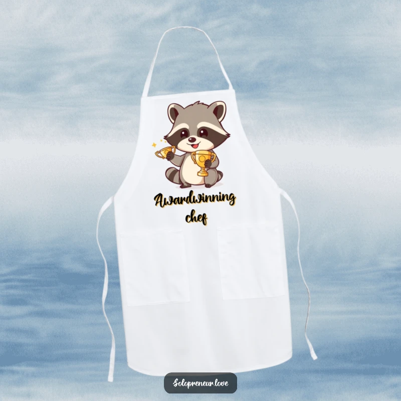 Funny apron featuring a happy raccoon polishing a small trophy while cooking, a humorous and practical kitchen accessory.