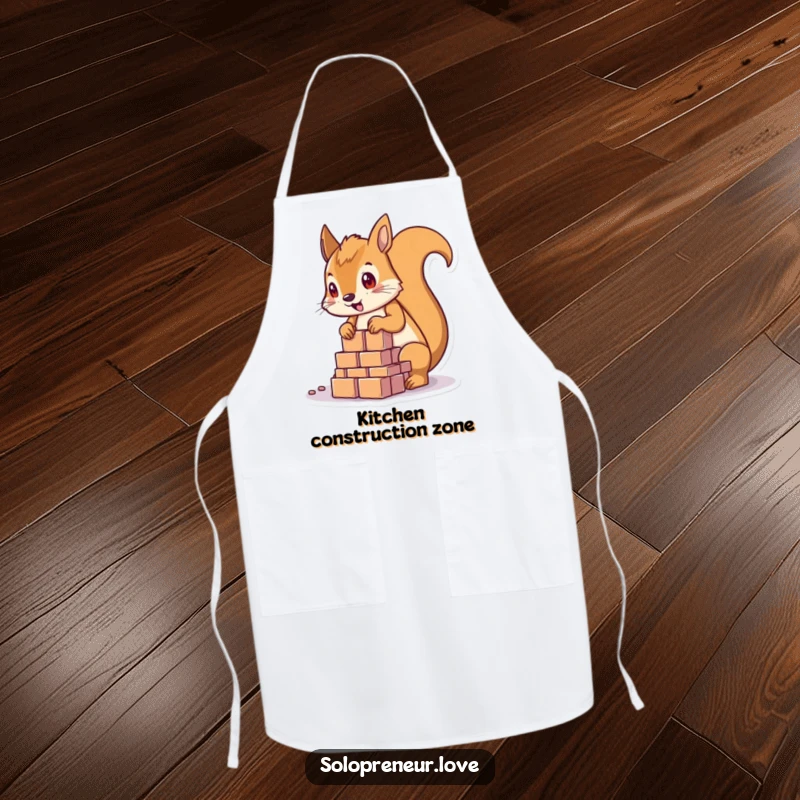 Funny determined squirrel character wearing a tool belt and apron, building with blocks, on a functional apron.