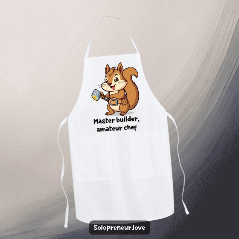 Funny Squirrel Carpenter Apron: A practical apron with a squirrel in a tool belt, hammering a bolt, ideal for workshop tasks.