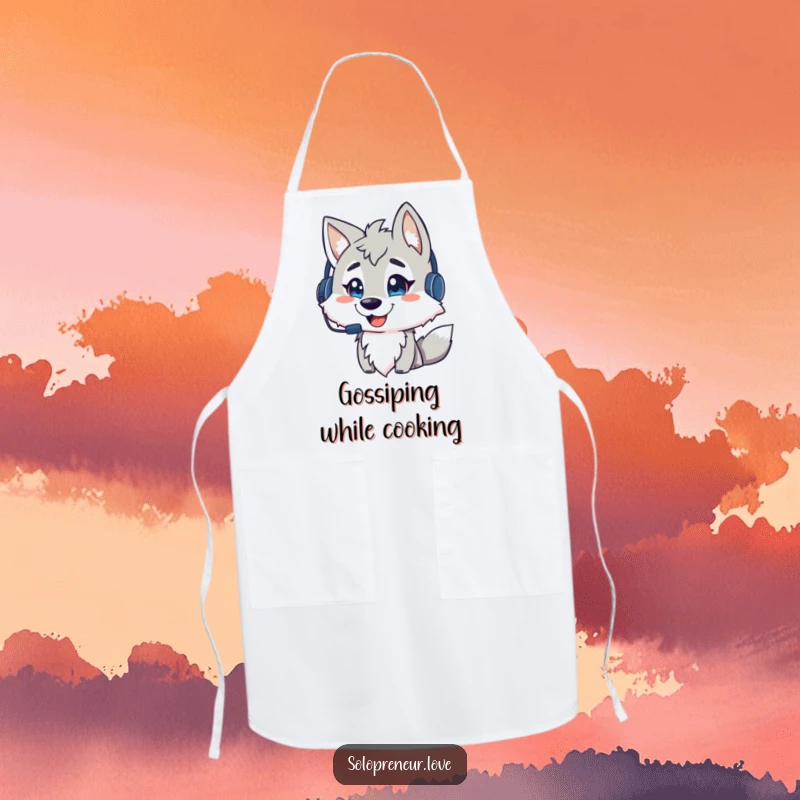 Funny wolf kitchen commander apron, a wolf in a headset giving orders while cooking, a humorous and functional funny gift.
