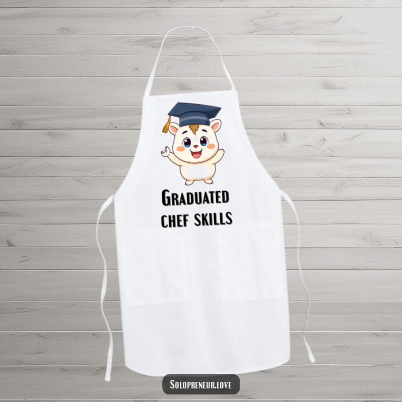 Funny Graduation Creature Apron: A smiling creature with a graduation cap, cheering while preparing food.