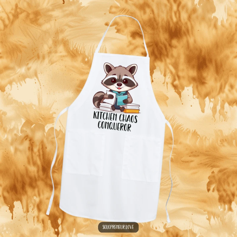 Funny Raccoon Organizer Apron showing a smiling raccoon managing papers, ideal for organized cooking.