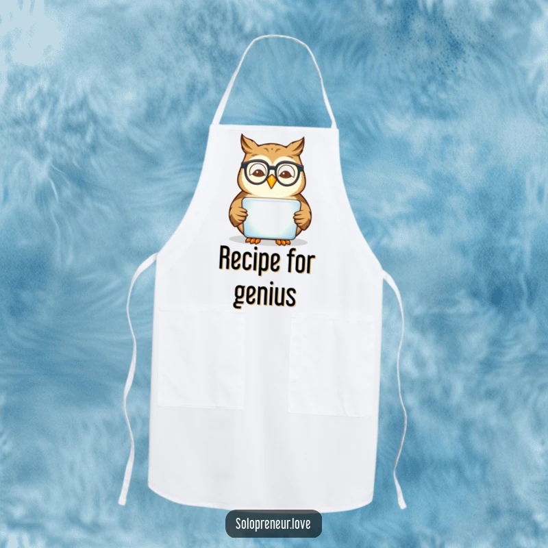 Funny owl with glasses reading a tablet, with kitchen utensils, a humorous apron design.