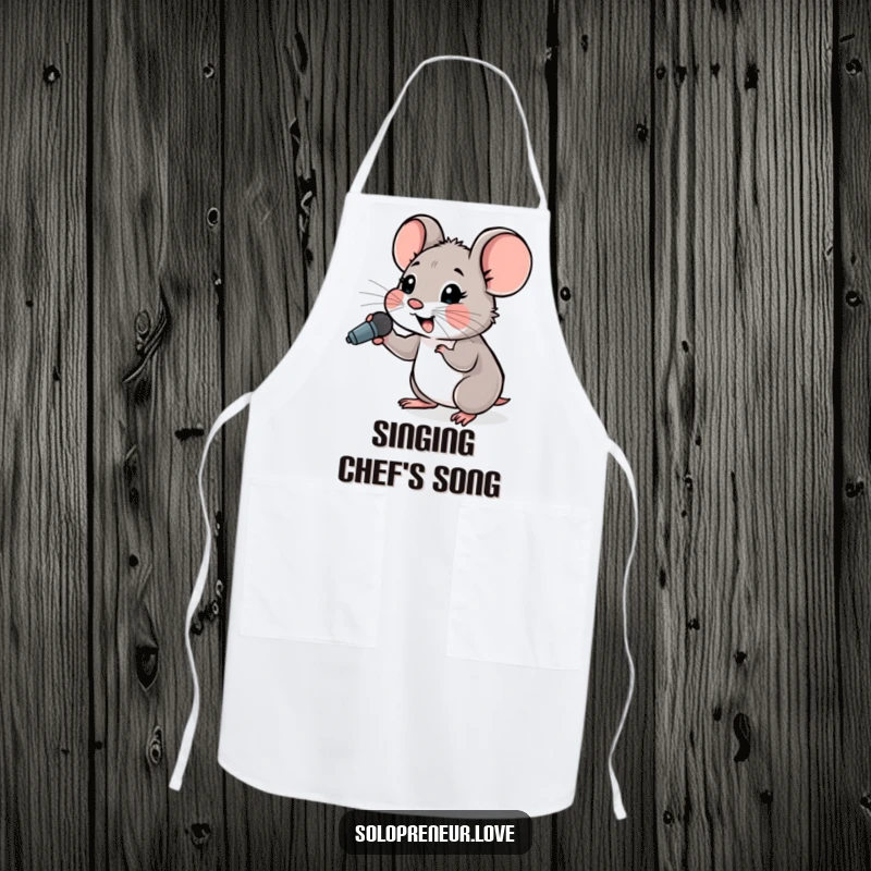 Funny Hopeful Mouse Microphone Apron showing a small mouse cheering with a tiny microphone, ideal for kitchen use.