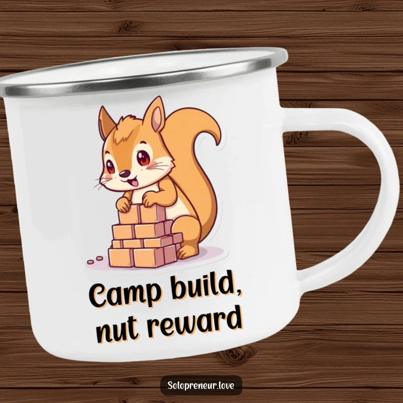 Funny determined squirrel character holding a mug amidst building blocks, ready for outdoor construction, on a camping mug.