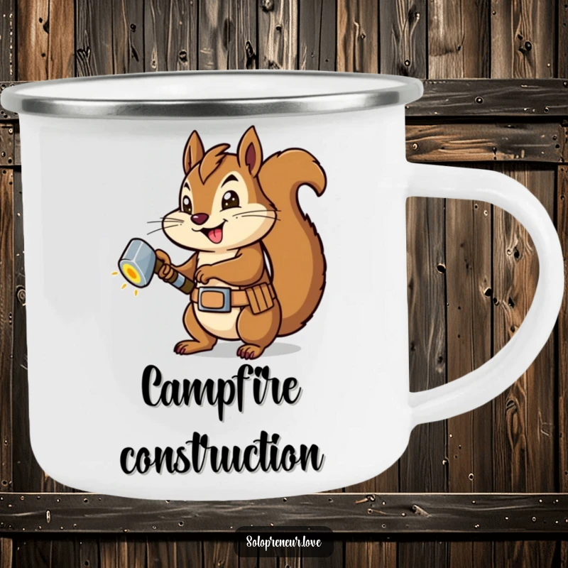 Funny Squirrel Carpenter Camping Mug: A rugged mug with a squirrel hammering a bolt, perfect for outdoor projects.