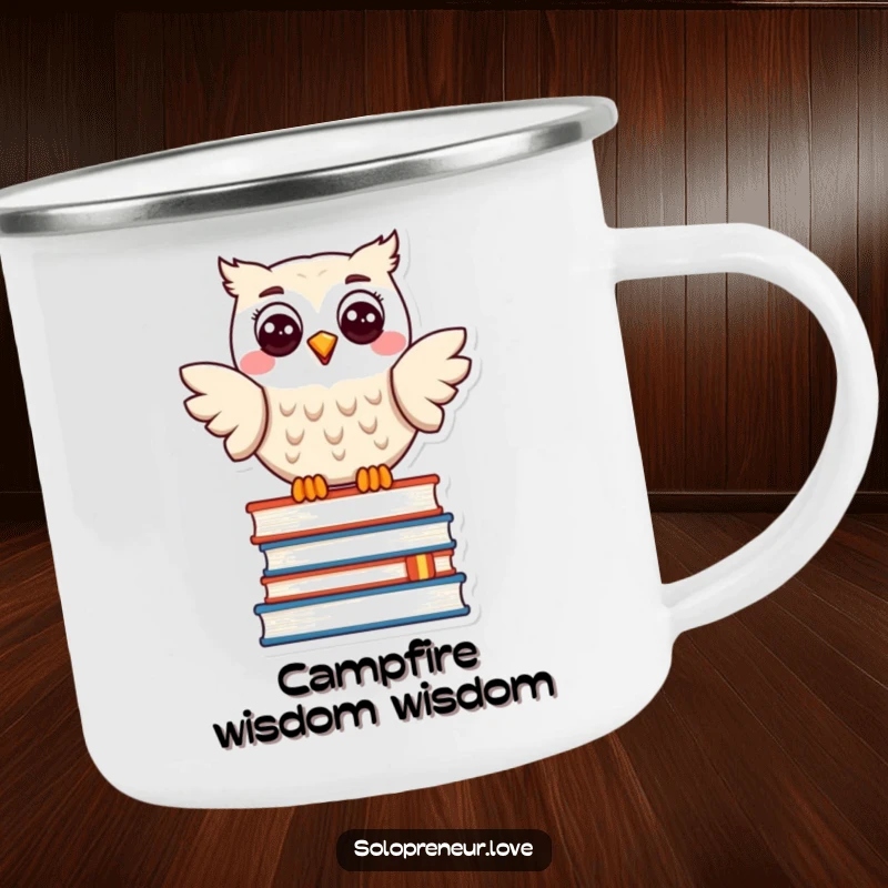 Funny camping mug with a happy owl character perched on books, perfect for wise outdoor enthusiasts who love to read.