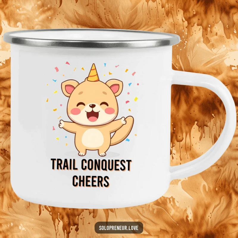 Funny camping mug featuring a happy animal celebrating with confetti, perfect for outdoor victories and warm beverages.