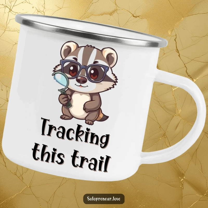 Funny badger explorer camping mug, a tough mug with a curious badger, ready for outdoor adventures, a unique funny gift.