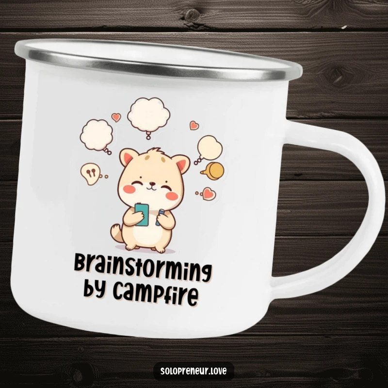 Funny camping mug featuring a busy animal character with thoughts, perfect for outdoor adventures and humor lovers.