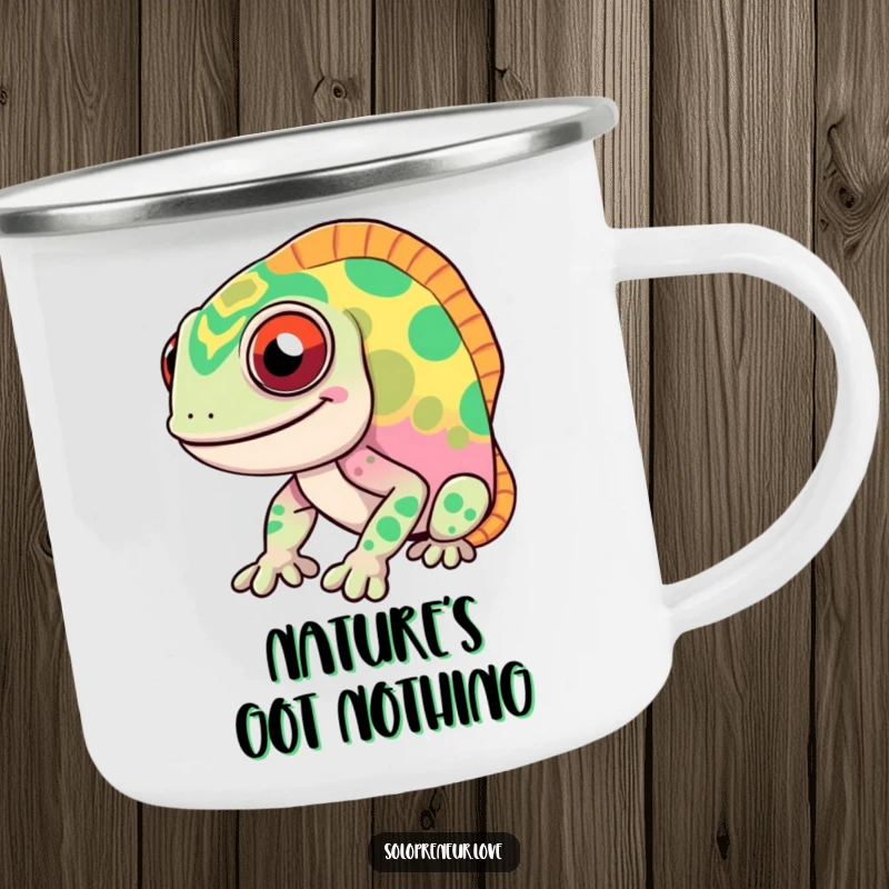 Funny chameleon camping mug with a smiling, fast-color-changing character, designed for durability and humor on outdoor adventures.