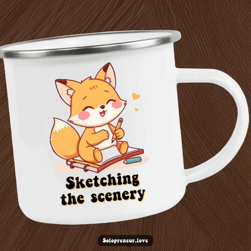 Funny fox artist camping mug with a small fox gleefully sketching on a notepad, perfect for outdoor creative sessions.