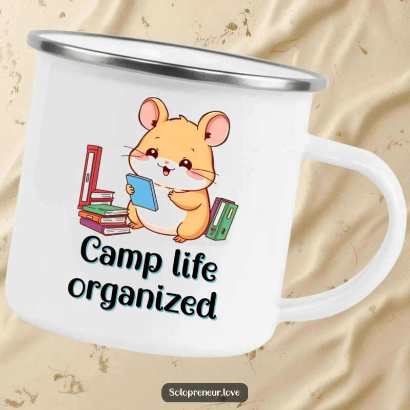 Funny hamster camping mug with a smiling character organizing files, perfect for outdoor enthusiasts.