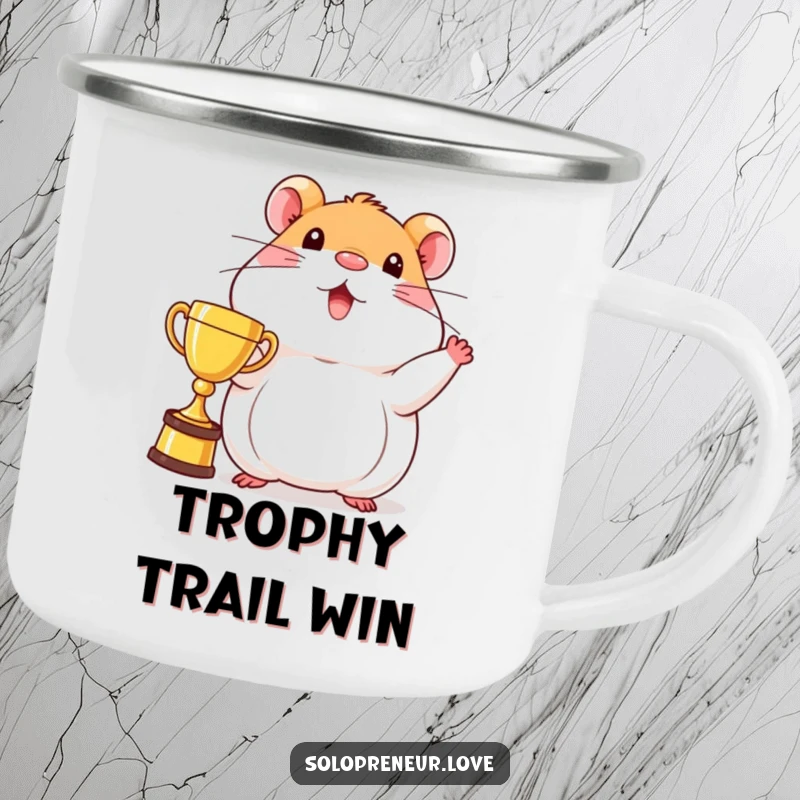 Funny beaming hamster camping mug featuring a character proudly displaying a trophy, durable for outdoor use and inspiring.