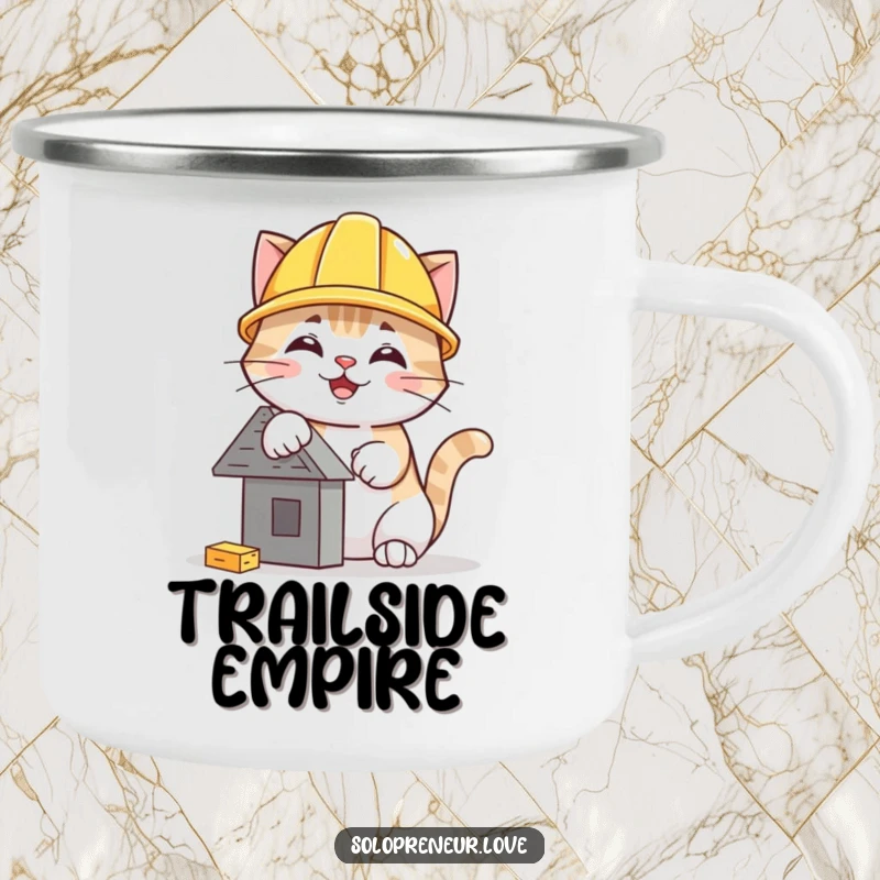 Funny hard hat cat camping mug showing a cheerful cat wearing a helmet and busy building a tiny structure in nature.
