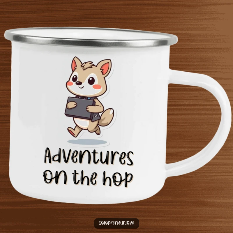 Funny Hopping Executive Camping Mug: Durable mug featuring a character with a briefcase, confidently hopping in a natural setting.