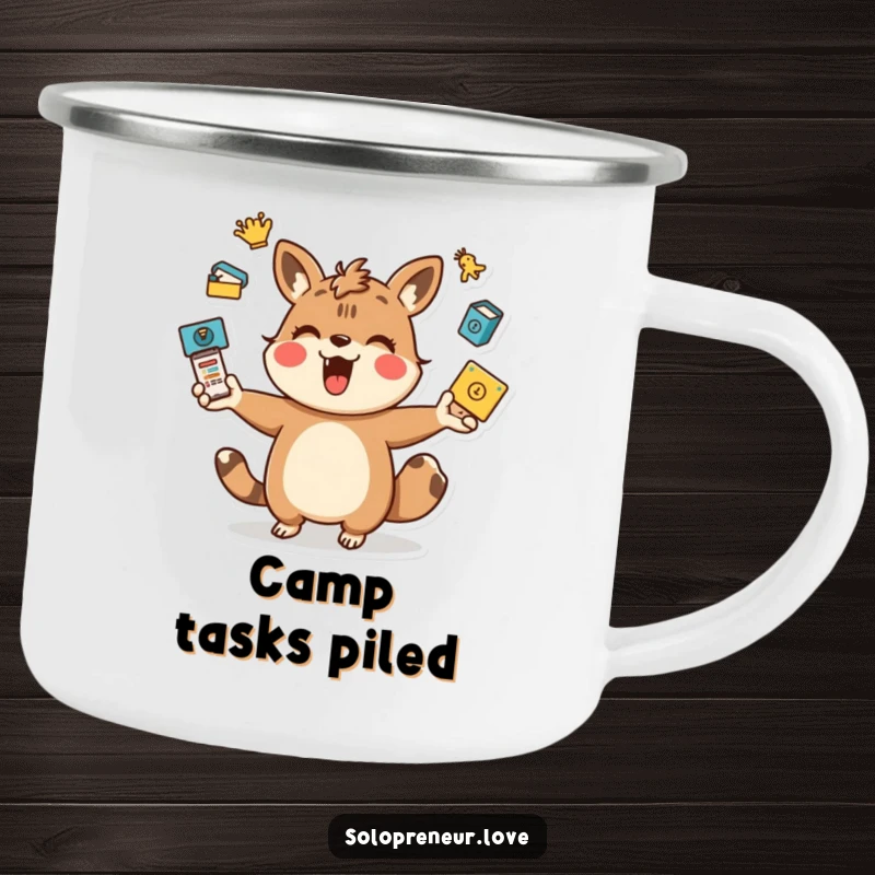 Funny juggling animal camping mug with a playful character energetically juggling task icons, ready for outdoor multitasking and humor.