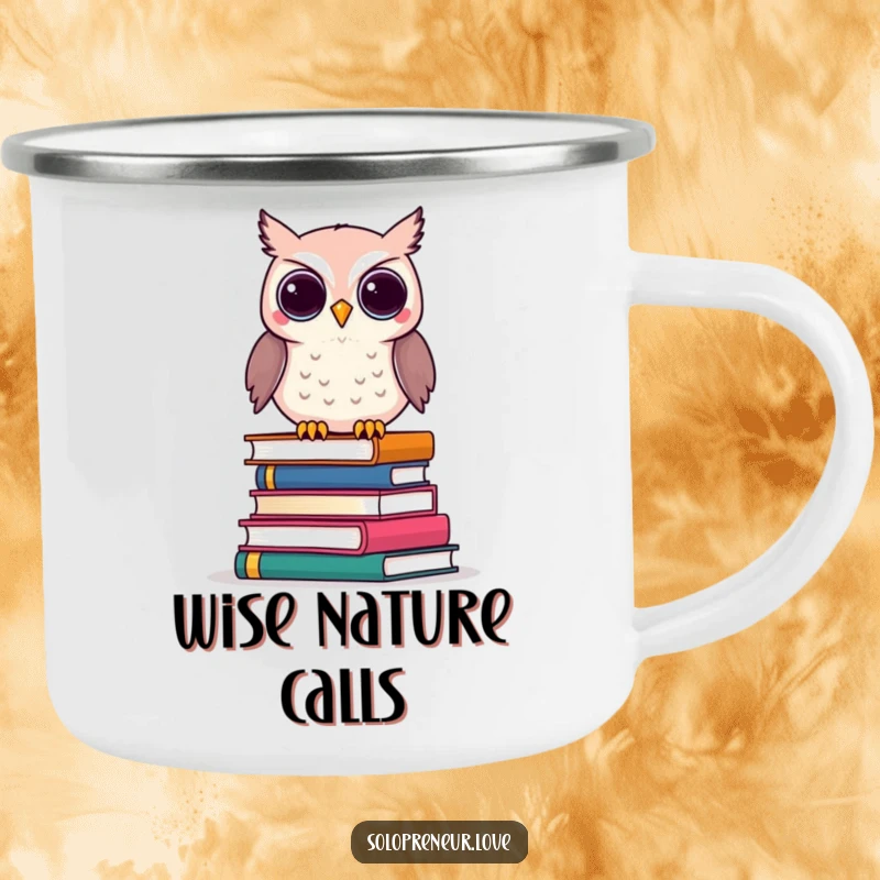 Funny Owl Business Books Camping Mug with a clever owl character perched on business books, for outdoor use.
