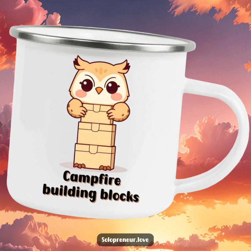 Funny owl organizer camping mug with a cute owl happily stacking small boxes, perfect for tidy outdoor adventures.