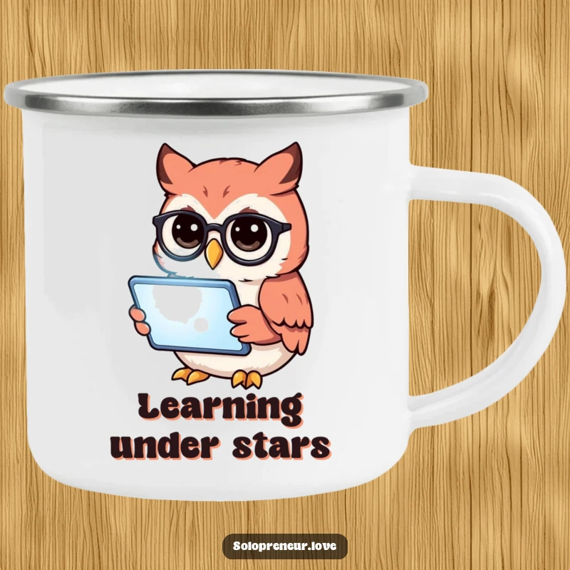 Funny owl with glasses reads a tablet on a rugged camping mug, perfect for outdoor reading enthusiasts.