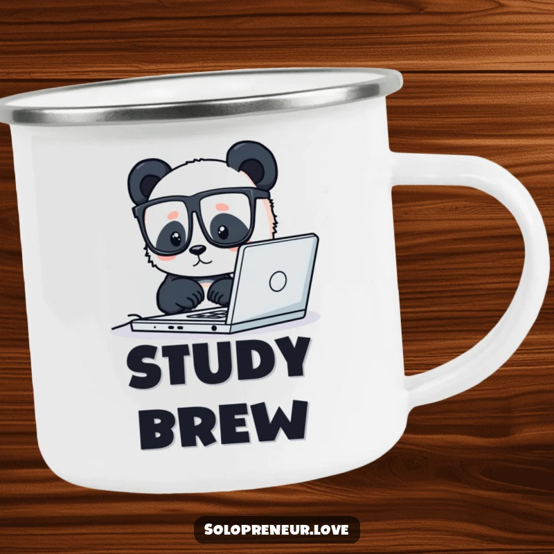 Funny camping mug depicting a tiny panda wearing glasses, diligently working on a laptop, perfect for enjoying beverages with productivity humor.