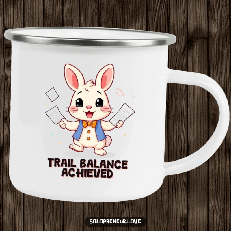 Funny Camping Mug featuring a cheerful rabbit character juggling business invoices, ideal for outdoor enthusiasts who appreciate humor and organization.