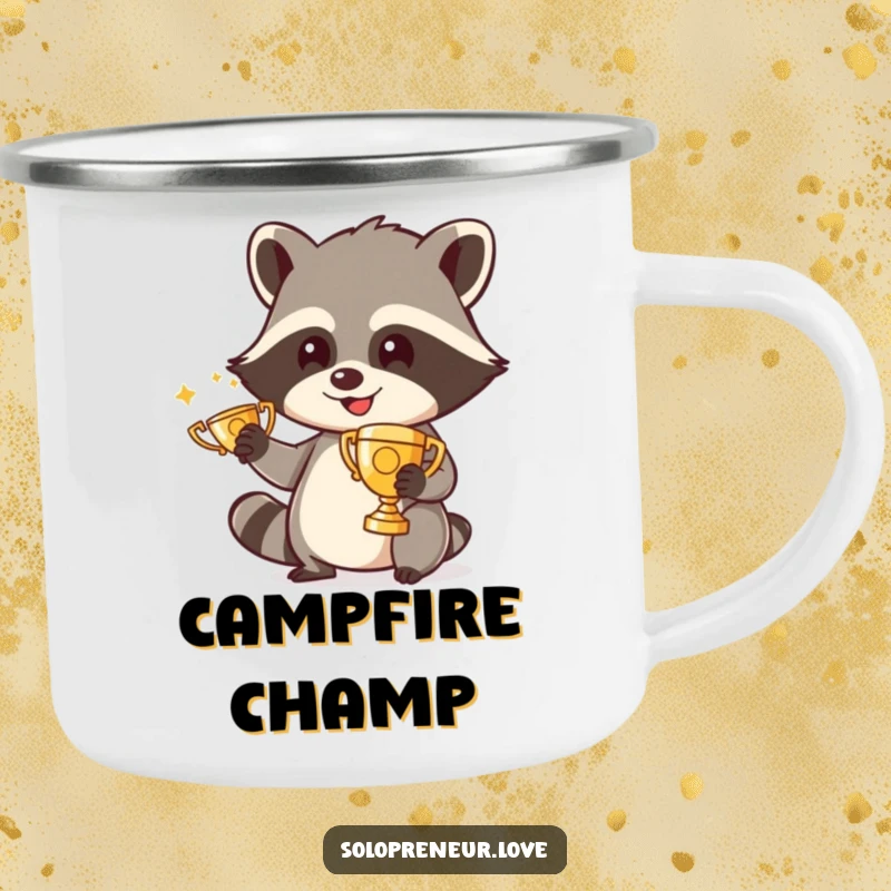 Funny camping mug showcasing a happy raccoon polishing a tiny trophy, ideal for outdoor adventures and a dose of humor.