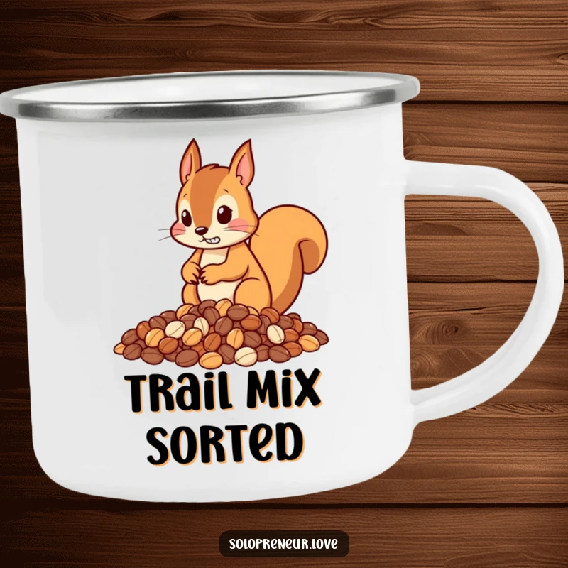 Funny camping mug with a determined squirrel character neatly piling nuts, perfect for outdoor enthusiasts who appreciate organized adventure.