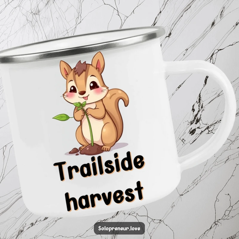 Funny squirrel planting camping mug showing a proud squirrel planting a tiny sprout in a natural setting.