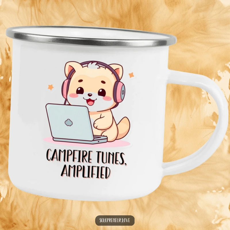 Funny Techie Creature Camping Mug: Durable mug featuring a character with headphones, typing on a laptop in an outdoor setting.