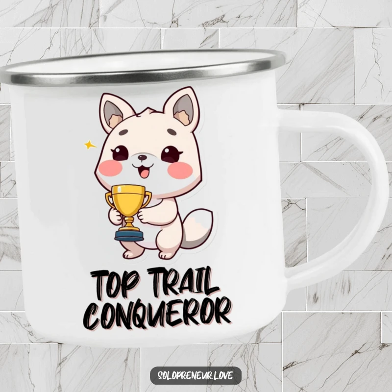 Funny camping mug with a proud animal character holding a tiny trophy, beaming, perfect for hilarious outdoor moments.