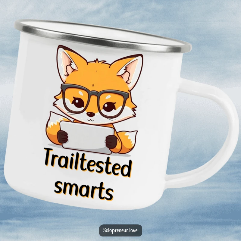 Funny camping mug featuring a fox in glasses concentrating on a tablet, symbolizing smart planning for outdoor adventures.